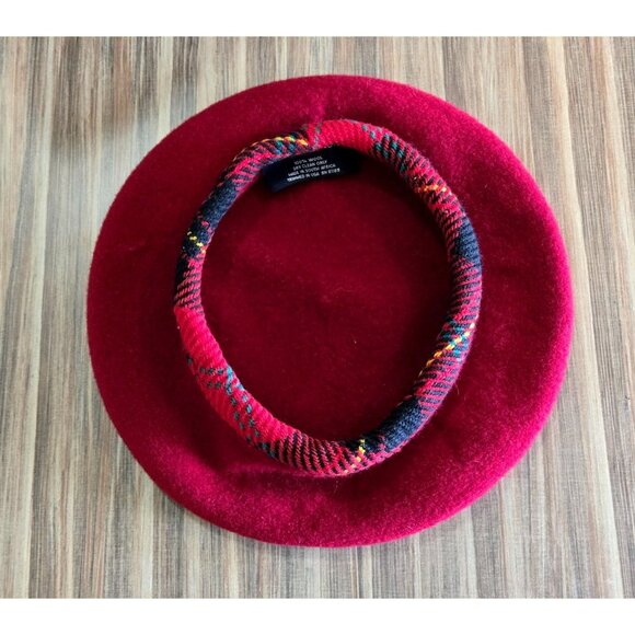 Beret Red Berry Wool Plaid Trim Sz 7/M Preston & York Scottish Plaid Celtic - Picture 6 of 9